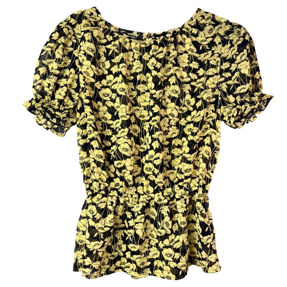 Who What Wear Floral Blouse Top Yellow Black Short Sleeve Smocked Waist Small